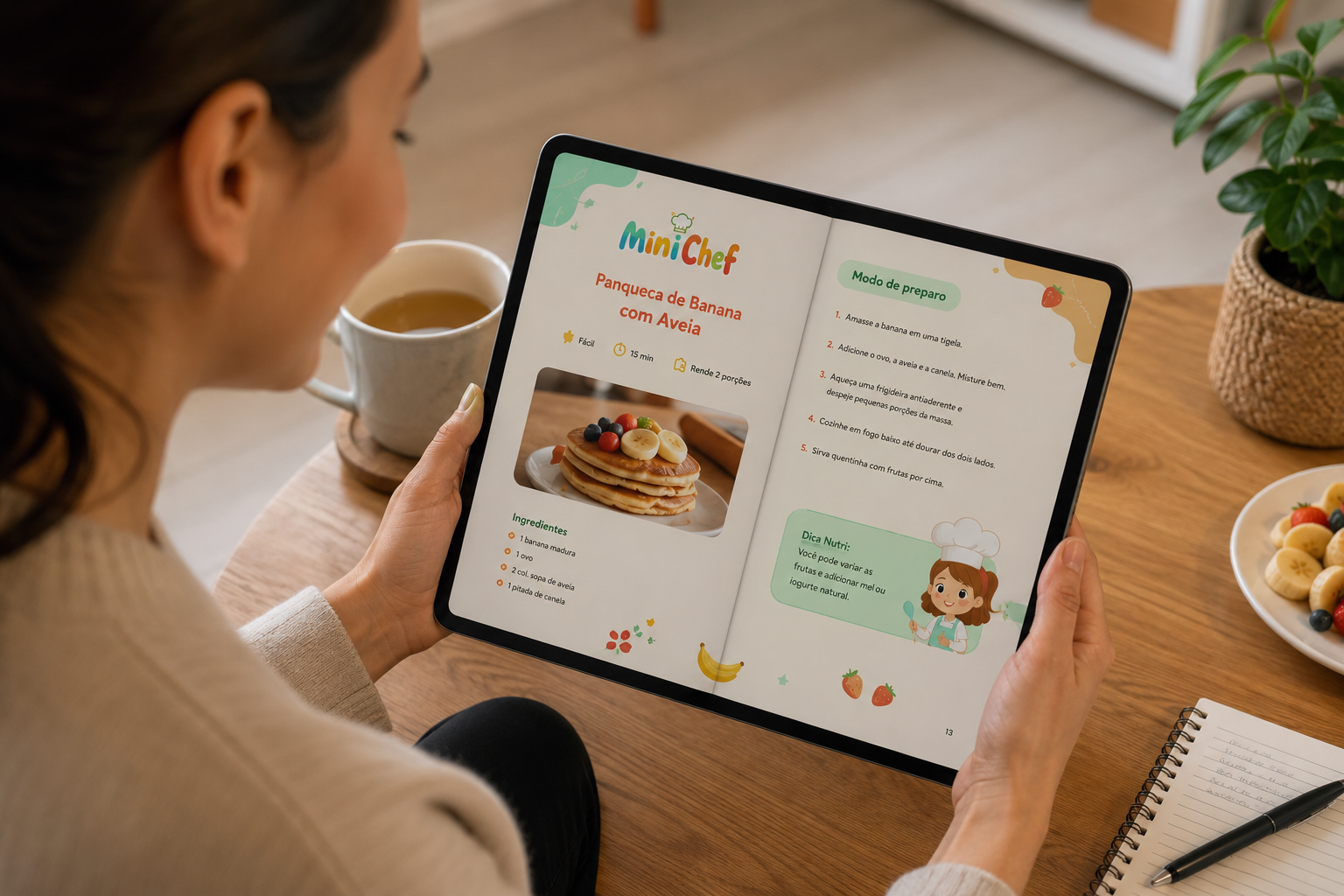 Guia NutriKids aberto em um tablet mostrando a receita de Panqueca de Banana com Aveia